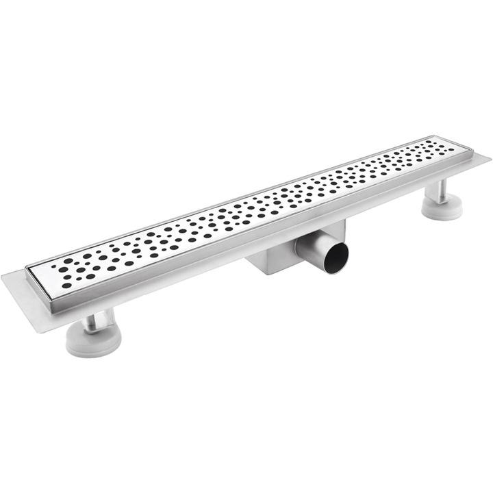 Rigola de dus lineara model cu gauri, din inox 60 cm, debit mare 40L/min, design reversibil, cu sifon 360°, filtru de par si sistem anti-miros