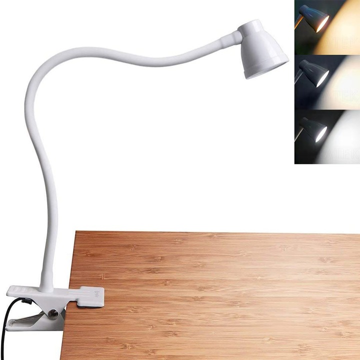 Lampa de birou cu clema ZYBLSSBB LSM2XH23858-2035221-2, clip-on reglabila 360° cu gat flexibil, dimabila 3 trepte, temperatura culoare 3000–6500K, USB 5V, alb
