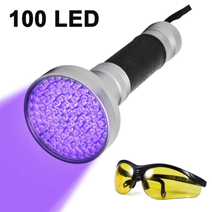 Lanterna UV ZYBLSSBB LSM2XH18205-220419-2, 100 LED, corp din aluminiu, negru/argintiu, 78 x 190 mm