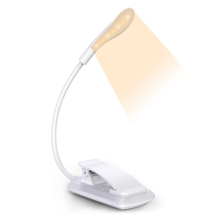 Lampa de citit cu clema pentru carte, lampa cu clema cu comutator tactil, reincarcabila prin USB, 3 temperaturi de culoare, protectie flexibila pentru ochi la 360°, mini lumina cu clema reglabila (alb)
