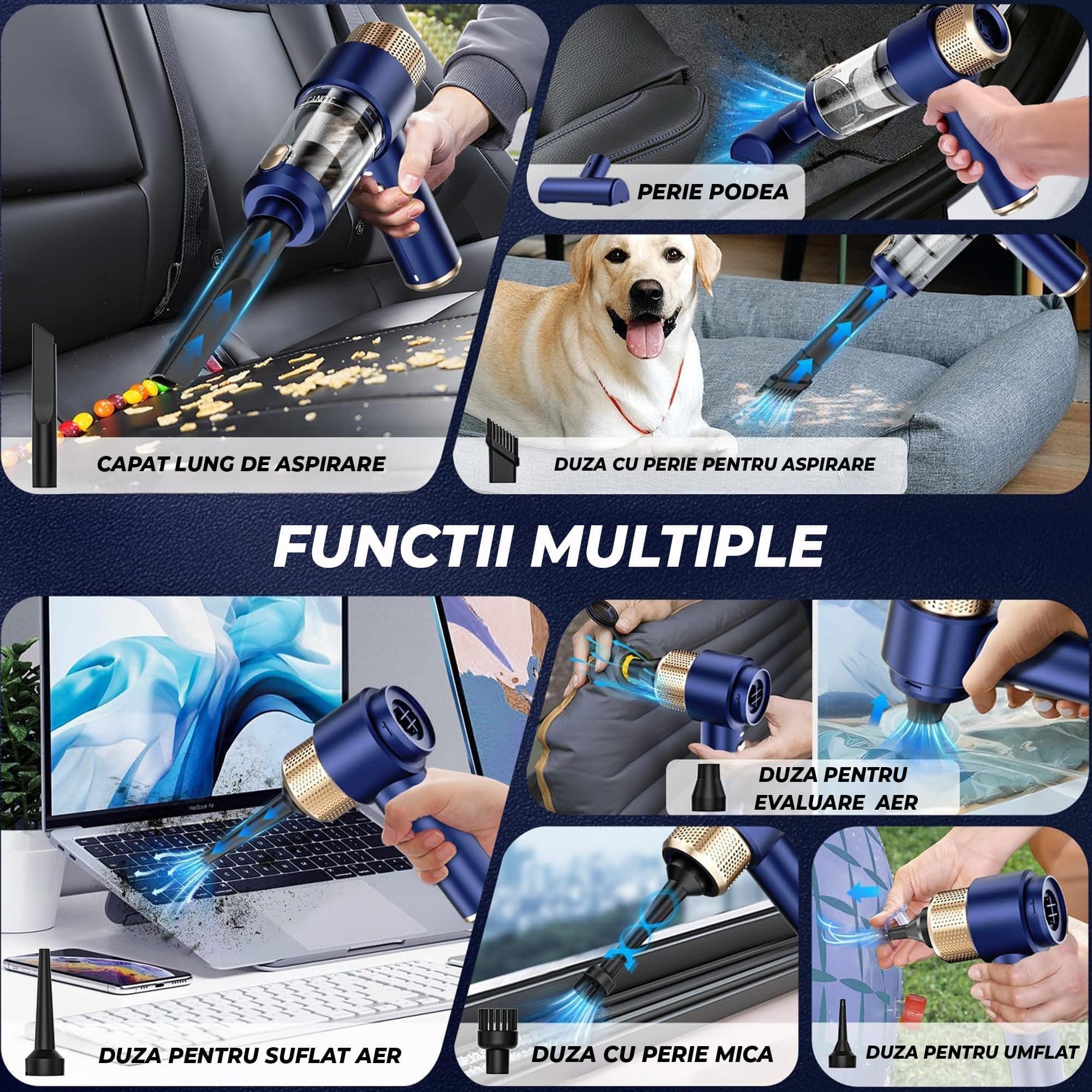 Aspirator Auto Portabil Timebox 2 In 1, 16000PA Fara Fir, Baterie Reincarcabila, Lumina LED, Accesorii Speciale, Filtru HEPA Lavabil, Curatare Tapiterie, Colturi, Suprafete Fine, Ideal Pentru Masina, Birou, Tastaturi, Electrocasnice, Albastru Compact