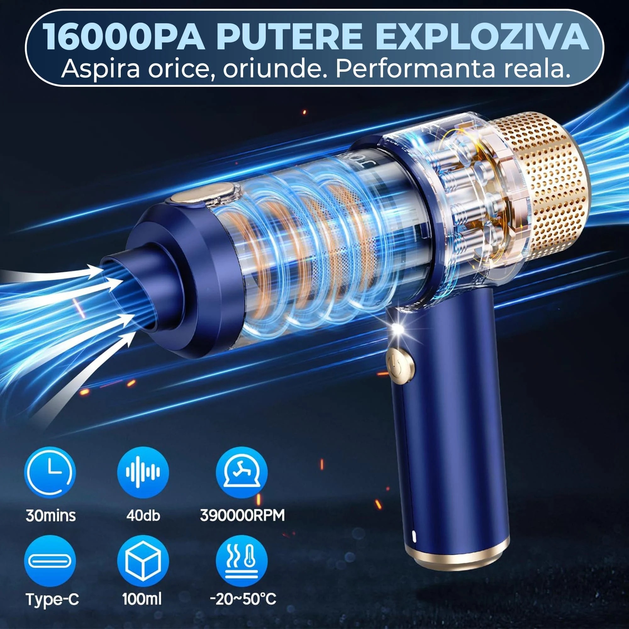 Aspirator Auto Portabil Timebox 2 In 1, 16000PA Fara Fir, Baterie Reincarcabila, Lumina LED, Accesorii Speciale, Filtru HEPA Lavabil, Curatare Tapiterie, Colturi, Suprafete Fine, Ideal Pentru Masina, Birou, Tastaturi, Electrocasnice, Albastru Compact