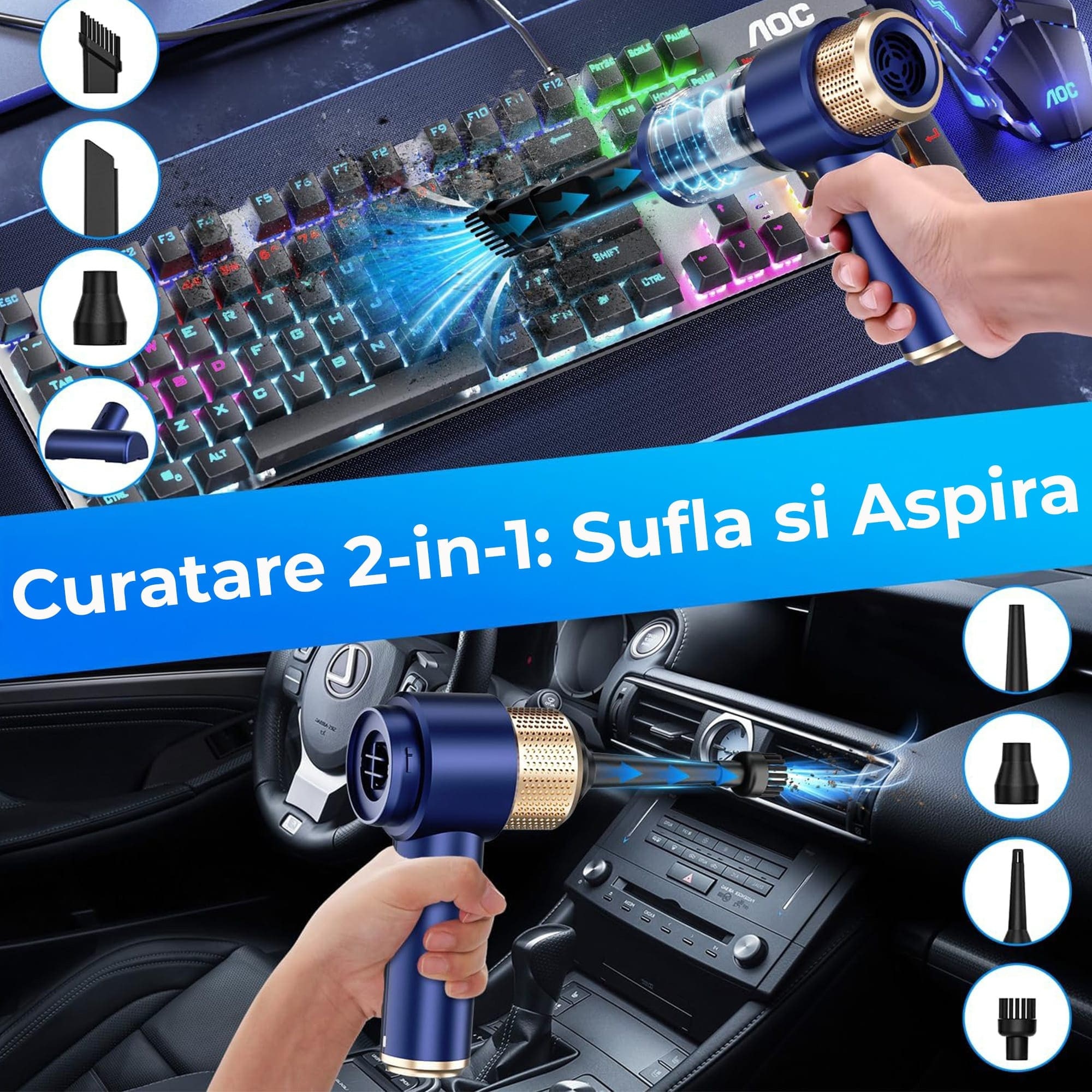 Aspirator Auto Portabil Timebox 2 In 1, 16000PA Fara Fir, Baterie Reincarcabila, Lumina LED, Accesorii Speciale, Filtru HEPA Lavabil, Curatare Tapiterie, Colturi, Suprafete Fine, Ideal Pentru Masina, Birou, Tastaturi, Electrocasnice, Albastru Compact