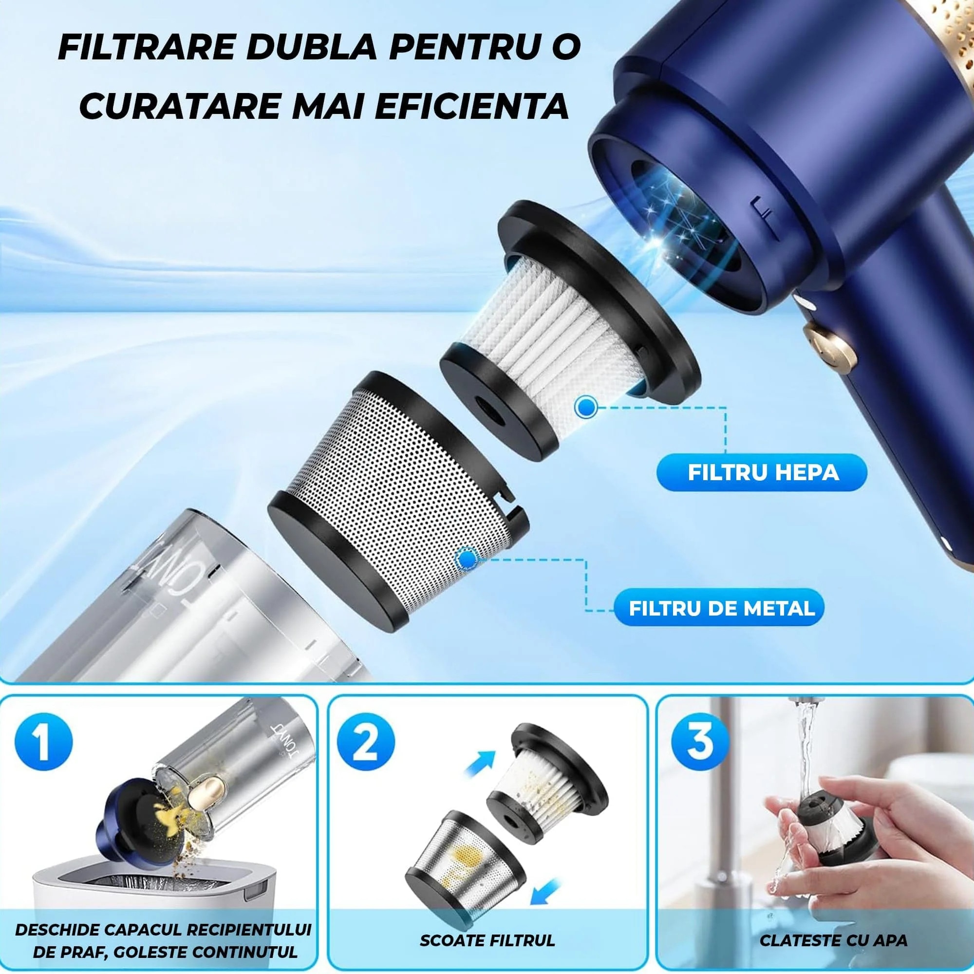 Aspirator Auto Portabil Timebox 2 In 1, 16000PA Fara Fir, Baterie Reincarcabila, Lumina LED, Accesorii Speciale, Filtru HEPA Lavabil, Curatare Tapiterie, Colturi, Suprafete Fine, Ideal Pentru Masina, Birou, Tastaturi, Electrocasnice, Albastru Compact