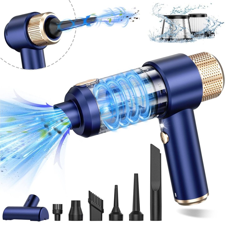 Aspirator Auto Portabil Timebox 2 In 1, 16000PA Fara Fir, Baterie Reincarcabila, Lumina LED, Accesorii Speciale, Filtru HEPA Lavabil, Curatare Tapiterie, Colturi, Suprafete Fine, Ideal Pentru Masina, Birou, Tastaturi, Electrocasnice, Albastru Compact