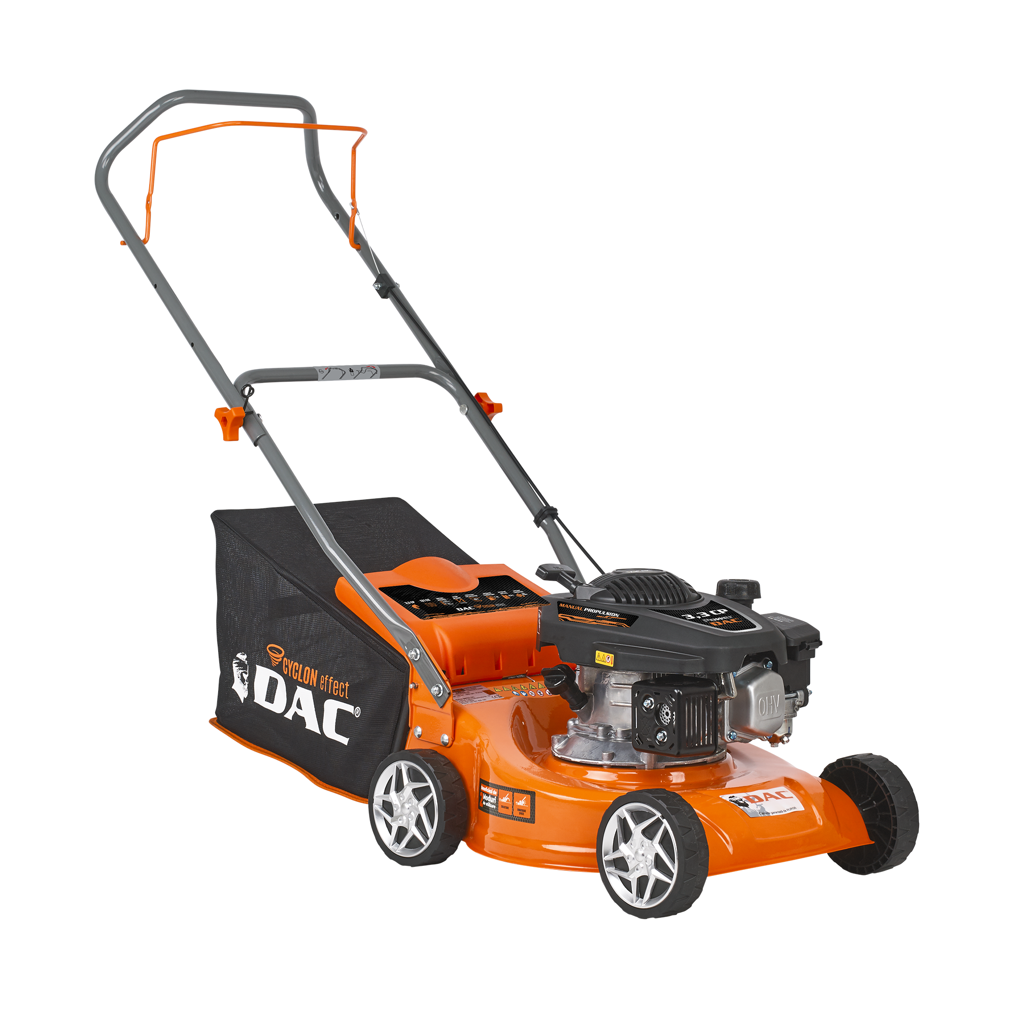 Masina de tuns gazon/iarba pe benzina Ruris Dac 100XLS, putere 3.3 CP, 131 CC, 4 timpi, 40 cm latime taiere, 5 trepte de taiere, inaltime taiere 25 - 55 mm, sac colector 45 L, func