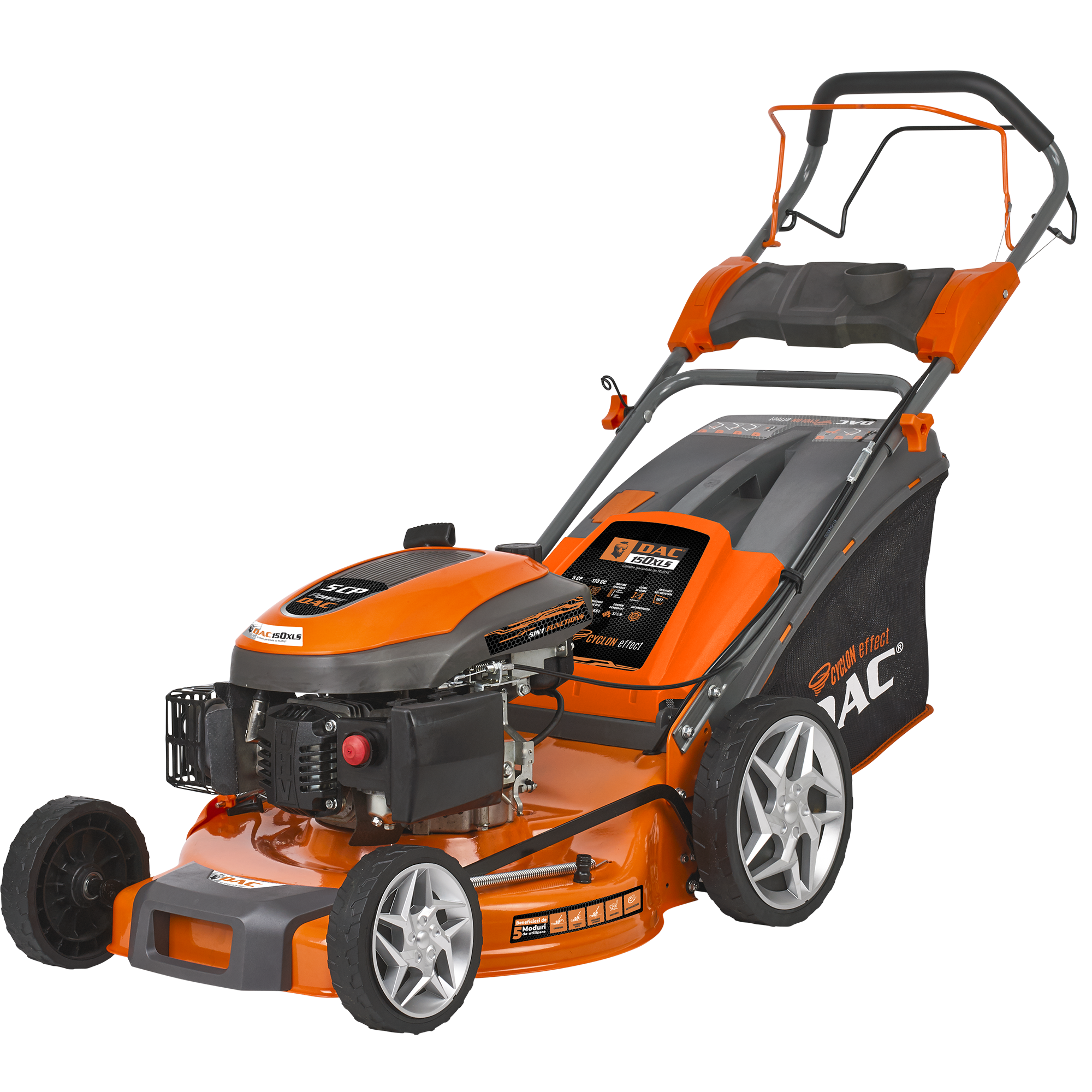 Masina de tuns gazon/iarba autopropulsata pe benzina Ruris Dac 150XLS, putere 5 CP, 173 CC, 4 timpi, 52 cm latime lucru, 5 trepte de taiere, inaltime taiere 25 - 65 mm, sac colecto