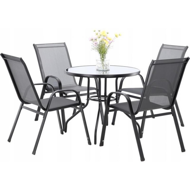 Kerti bútor szett - Kerek asztal + 4 db szék - Szürke