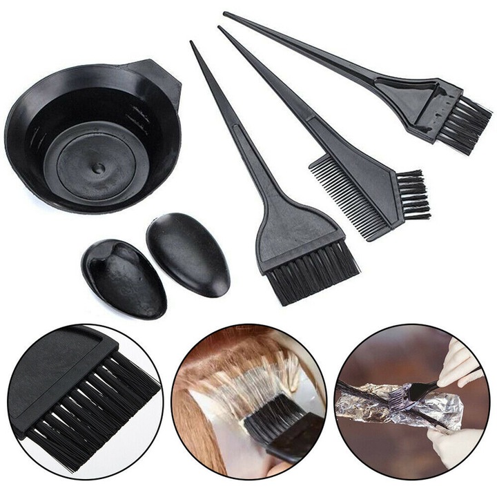 Set 6 piese pentru vopsit par HERUSI, pensule si bol, protectie urechi, negru
