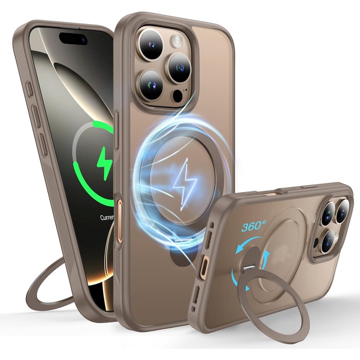 Husa Magnetica pentru iPhone 16 PRO, Protectie Militara Antisoc, Suport Rotativ 360° MagSafe, Gold