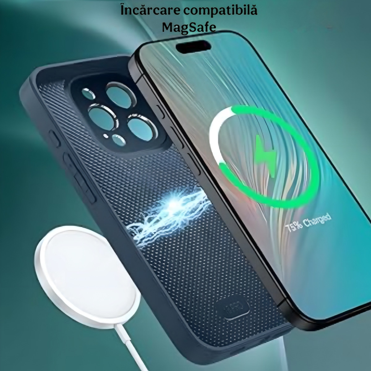 Husa de Protectie Pentru iPhone 16 Pro MagSafe, model Turcoaz, lucios cu efect 3D tip Pana, design elegant si protectie completa inclusiv Lentile impotriva socurilor si zgarieturilor