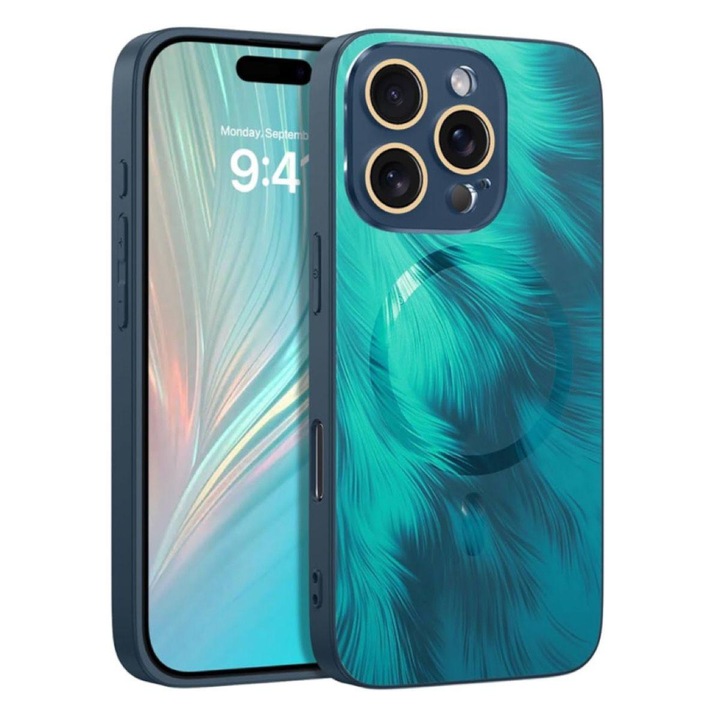 Защитен калъф за iPhone 15 Pro MagSafe, тюркоазен модел, лъскав с 3D ефект на пера, елегантен дизайн и пълна защита, включително лещи срещу удари и надраскване.