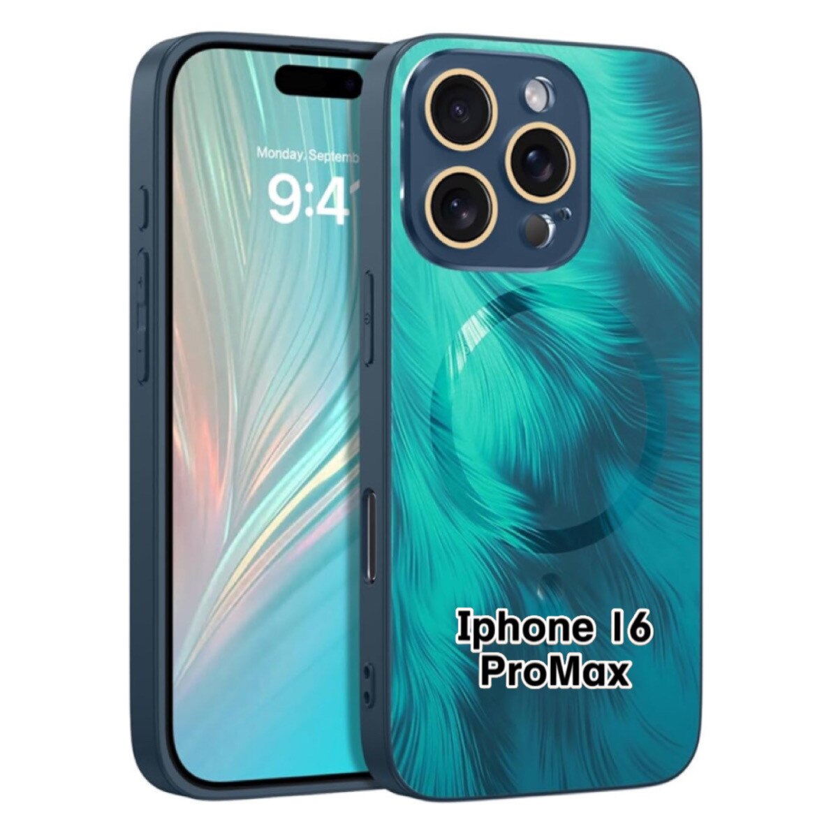 Husa de Protectie Pentru iPhone 16 ProMax MagSafe, model Turcoaz, lucios cu efect 3D tip pana, design elegant si protectie completa inclusiv Lentile impotriva socurilor si zgarieturilor