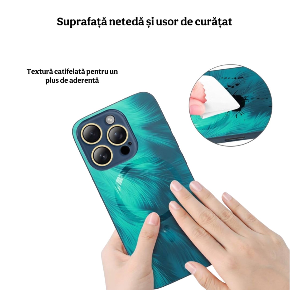 Husa de Protectie Pentru iPhone 16 Pro MagSafe, model Turcoaz, lucios cu efect 3D tip Pana, design elegant si protectie completa inclusiv Lentile impotriva socurilor si zgarieturilor