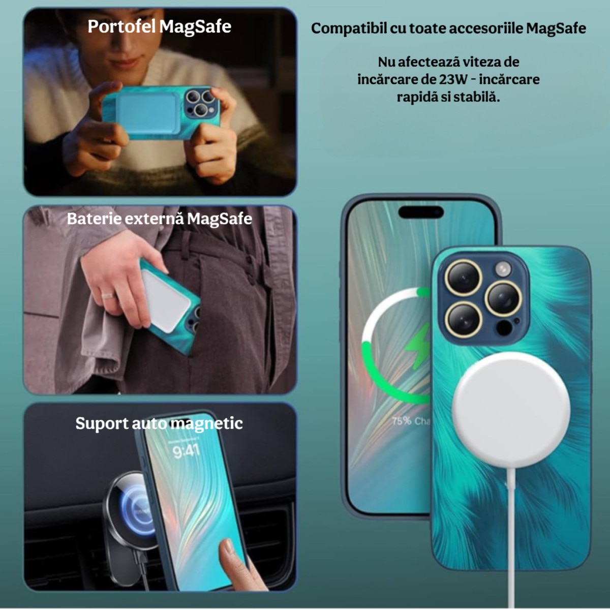 Husa de Protectie Pentru iPhone 16 Pro MagSafe, model Turcoaz, lucios cu efect 3D tip Pana, design elegant si protectie completa inclusiv Lentile impotriva socurilor si zgarieturilor