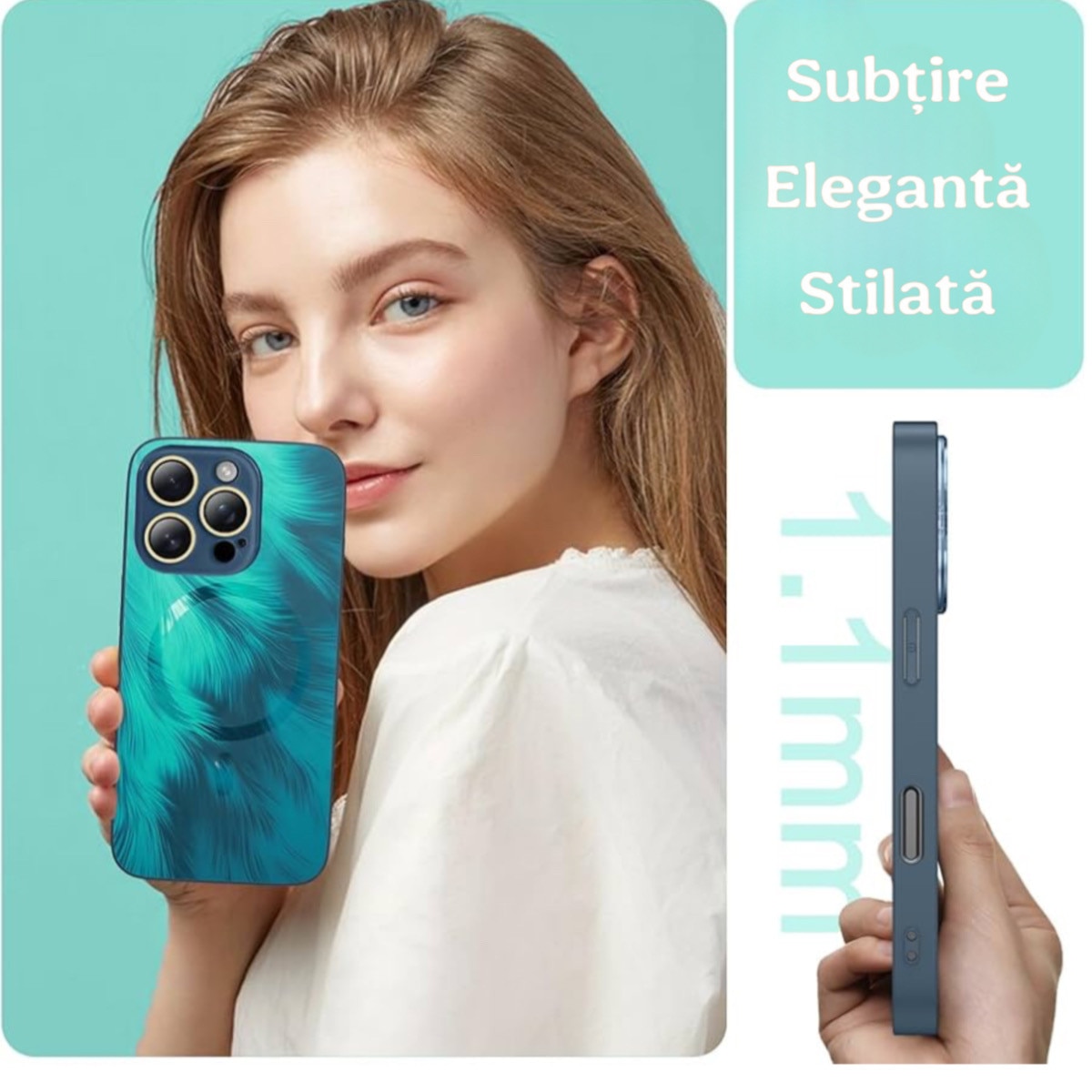 Husa de Protectie Pentru iPhone 16 Pro MagSafe, model Turcoaz, lucios cu efect 3D tip Pana, design elegant si protectie completa inclusiv Lentile impotriva socurilor si zgarieturilor