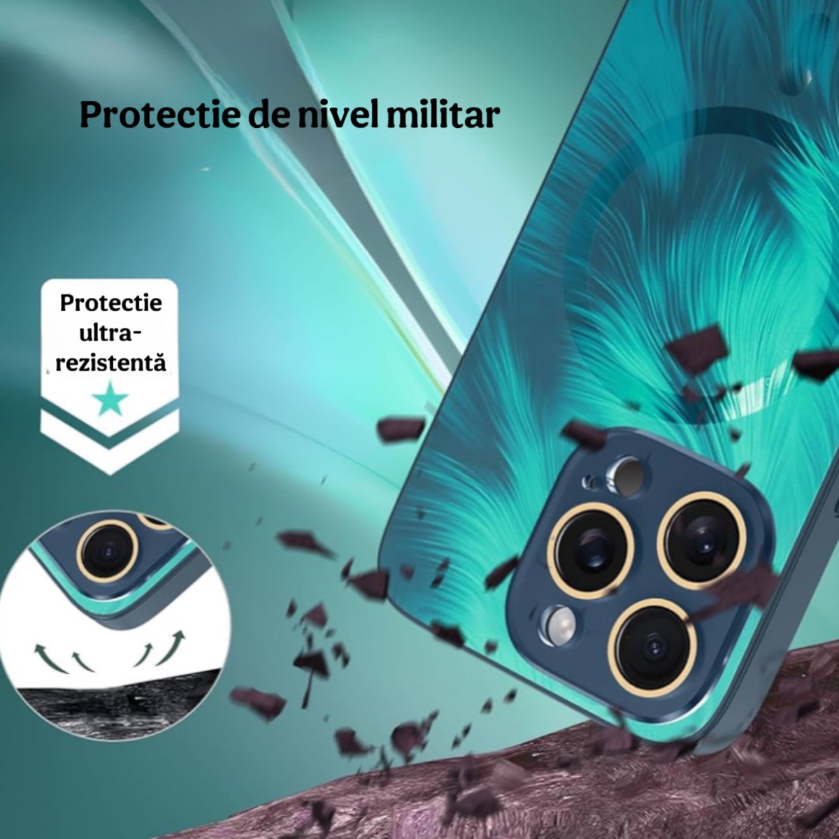 Husa de Protectie Pentru iPhone 16 Pro MagSafe, model Turcoaz, lucios cu efect 3D tip Pana, design elegant si protectie completa inclusiv Lentile impotriva socurilor si zgarieturilor