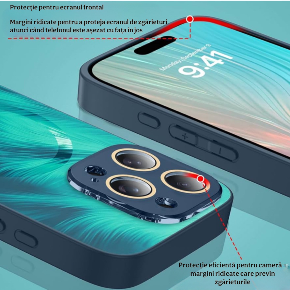 Husa de Protectie Pentru iPhone 16 Pro MagSafe, model Turcoaz, lucios cu efect 3D tip Pana, design elegant si protectie completa inclusiv Lentile impotriva socurilor si zgarieturilor