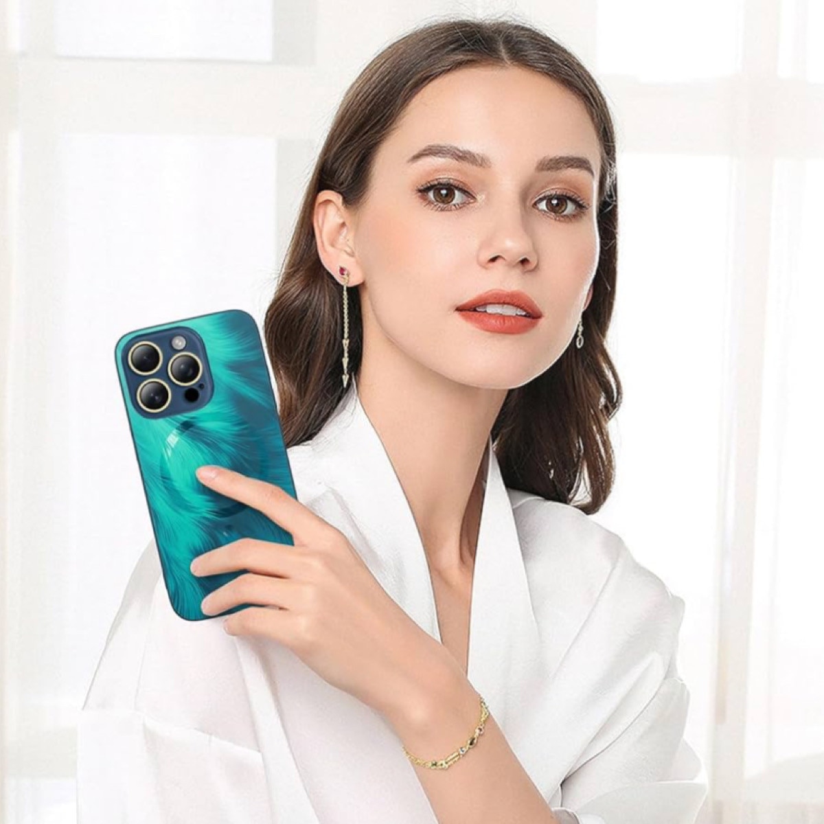 Husa de Protectie Pentru iPhone 16 Pro MagSafe, model Turcoaz, lucios cu efect 3D tip Pana, design elegant si protectie completa inclusiv Lentile impotriva socurilor si zgarieturilor