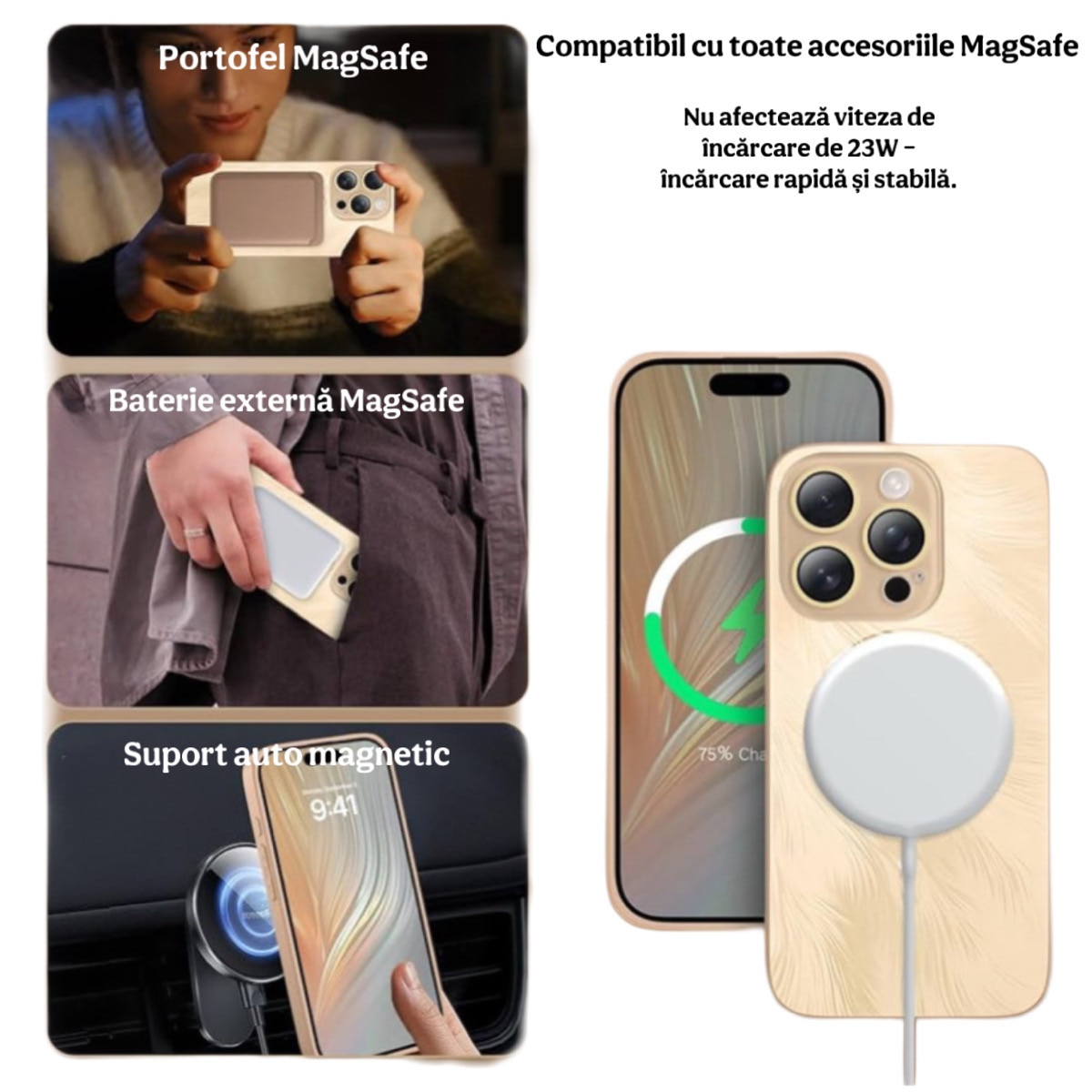 Husa de Protectie Pentru iPhone 13 ProMax MagSafe, Culoare Gold Lucios cu efect 3D tip Pana, design elegant si protectie completa inclusiv Lentile impotriva socurilor si zgarieturilor