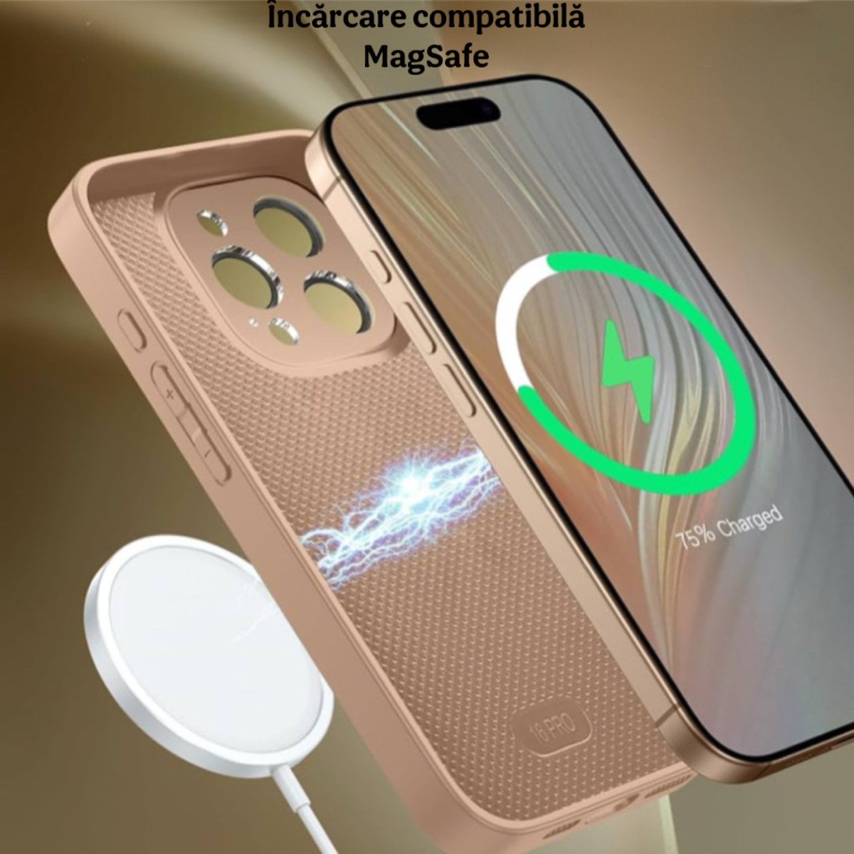 Husa de Protectie Pentru iPhone 13 ProMax MagSafe, Culoare Gold Lucios cu efect 3D tip Pana, design elegant si protectie completa inclusiv Lentile impotriva socurilor si zgarieturilor