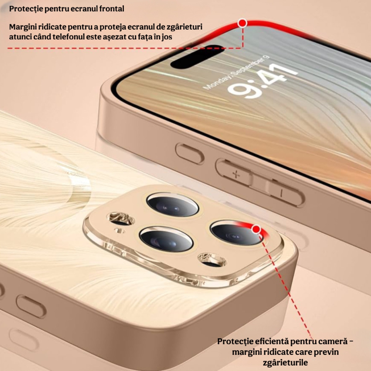 Husa de Protectie Pentru iPhone 13 ProMax MagSafe, Culoare Gold Lucios cu efect 3D tip Pana, design elegant si protectie completa inclusiv Lentile impotriva socurilor si zgarieturilor