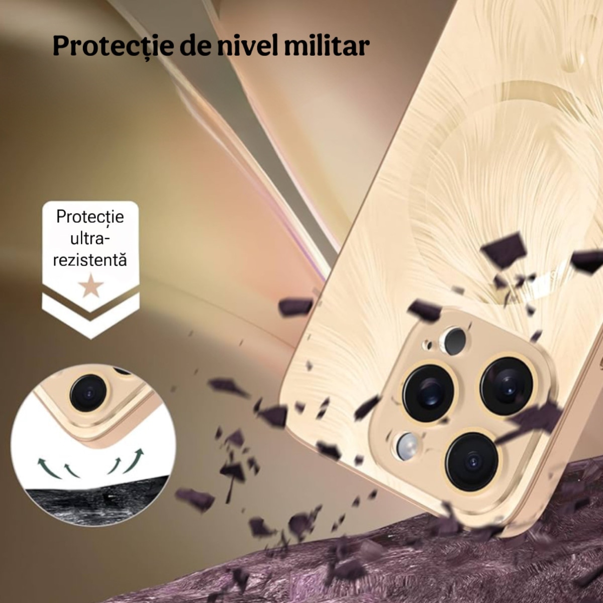 Husa de Protectie Pentru iPhone 13 ProMax MagSafe, Culoare Gold Lucios cu efect 3D tip Pana, design elegant si protectie completa inclusiv Lentile impotriva socurilor si zgarieturilor