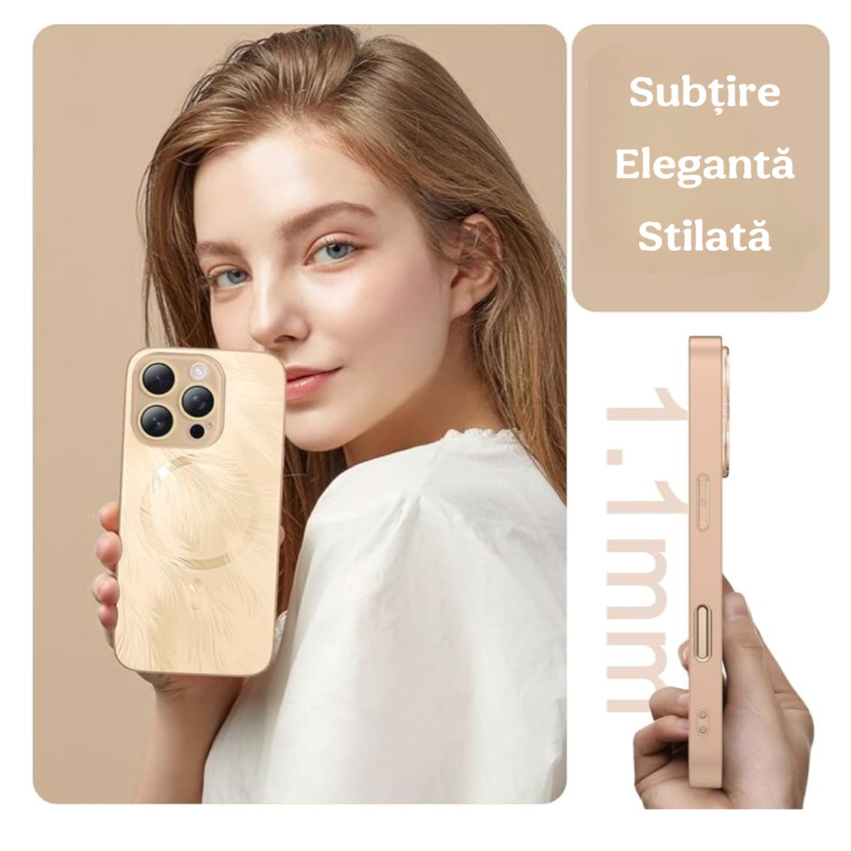 Husa de Protectie Pentru iPhone 13 ProMax MagSafe, Culoare Gold Lucios cu efect 3D tip Pana, design elegant si protectie completa inclusiv Lentile impotriva socurilor si zgarieturilor