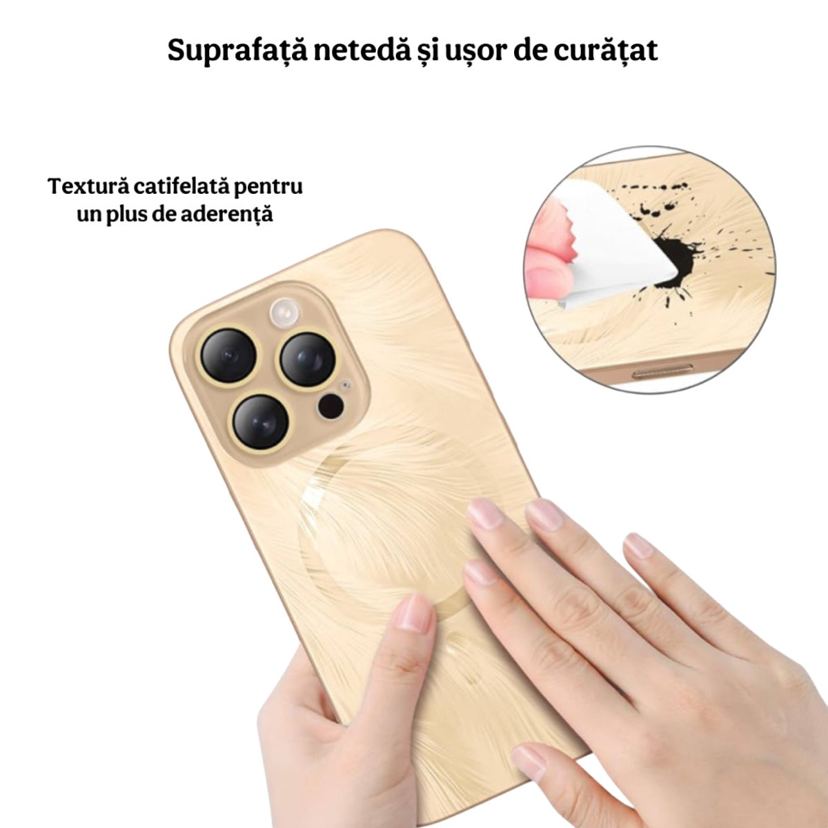 Husa de Protectie Pentru iPhone 13 ProMax MagSafe, Culoare Gold Lucios cu efect 3D tip Pana, design elegant si protectie completa inclusiv Lentile impotriva socurilor si zgarieturilor