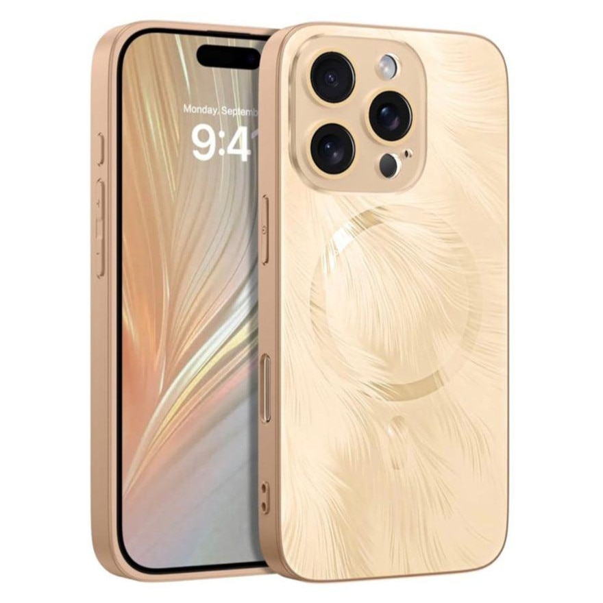 Husa de Protectie Pentru iPhone 13 ProMax MagSafe, Culoare Gold Lucios cu efect 3D tip Pana, design elegant si protectie completa inclusiv Lentile impotriva socurilor si zgarieturilor