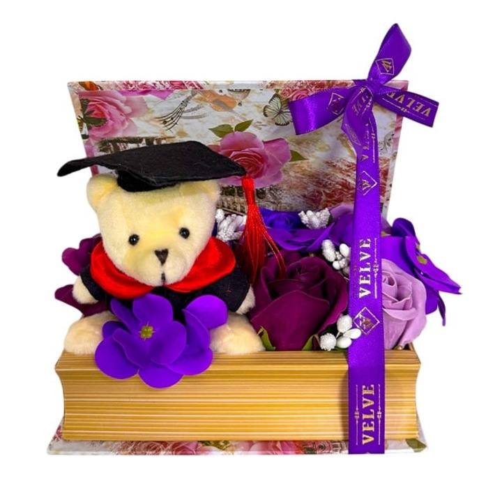 Aranjament Absolvire si Incheiere An Scolar cu flori de sapun, in cutie tip carte, Ursulet plus si Toca Festiva, Mov, VELVE