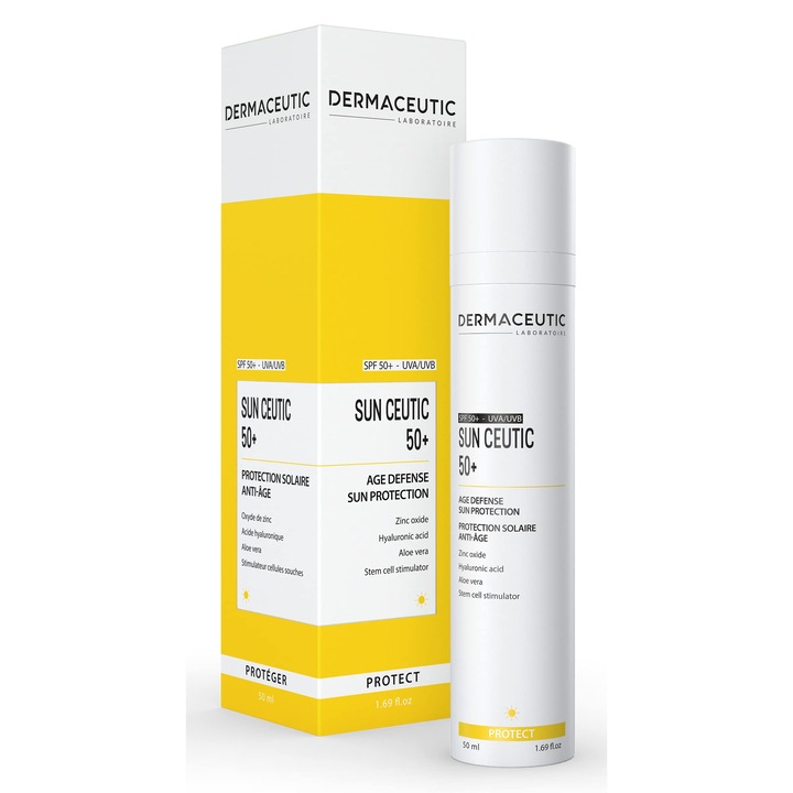 Crema de protecție solară Dermaceutic Sun Ceutic 50+, 50ml, colorant cu acid hialuronic, aloe vera, unisex