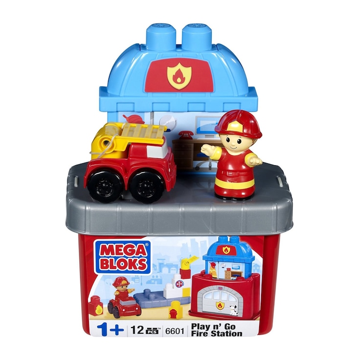 MEGA BLOKS Play n Go 066007 Építőkészlet, Tűzoltóállomás vödör, 12 db, 1 éven felüli gyerekeknek, többszínű