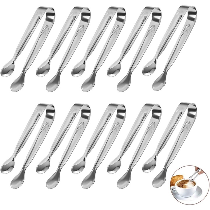 Set de 10 clesti din otel inoxidabil, pentru bufet si gratar, margini netede, lavabili in masina de spalat vase, pentru gheata si alimente mici