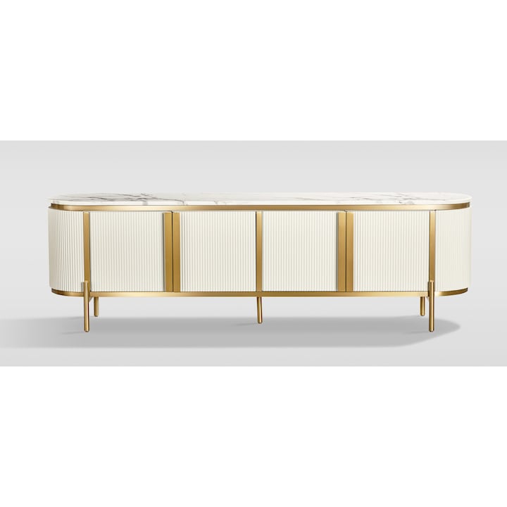 Comoda RTV Art-Futuro, lemn, blat marmură, alb/auriu