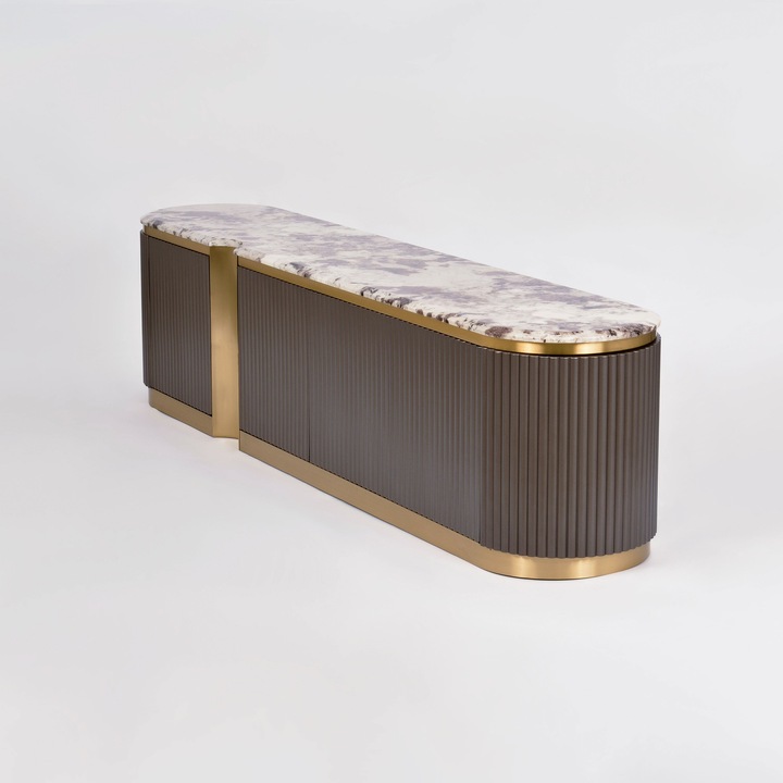 Comoda RTV Art-Futuro grafit cu blat marmorat, accente aurii, lemn canelat