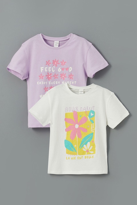 LC WAIKIKI, Set de tricouri cu model floral - 2 piese, Alb/Lila