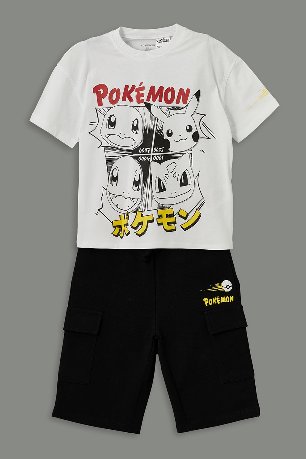 LC WAIKIKI, Set de tricou si pantaloni scurti cu imprimeu Pokemon - 2 piese, Alb, Negru, 104-110 CM