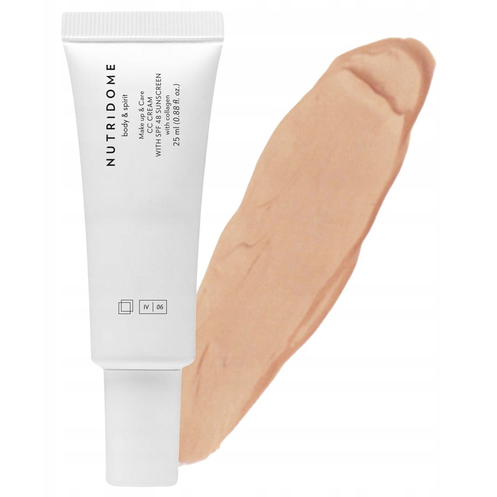 Crema CC Cu SPF 48, Nutridome, 03 Beige, Cu Colagen, Niacinamida si Uleiuri Naturale, Acopera Imperfectiunile si Roseata, Protectie UV Ridicata, Finisaj Mat, 25 ml