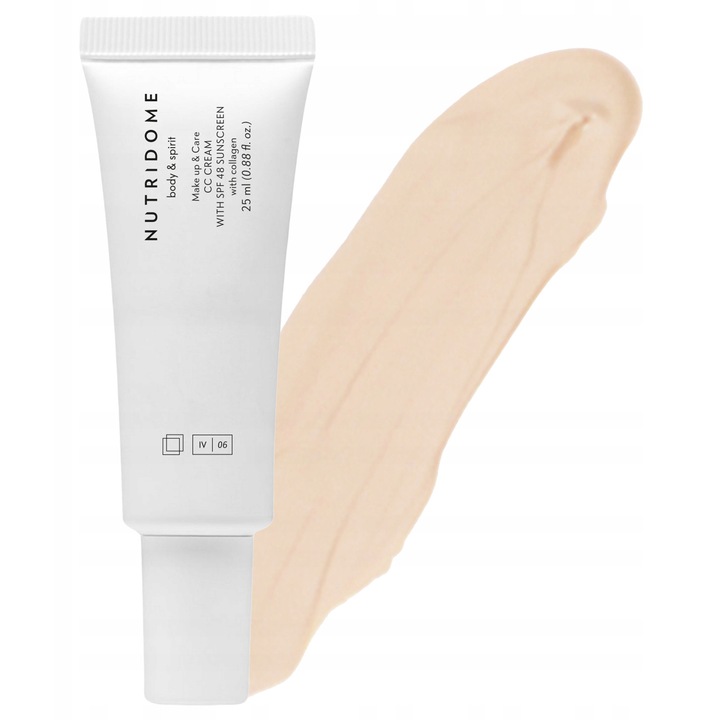 Crema CC Cu SPF 48, Nutridome, 01 Vanilla, Cu Colagen, Niacinamida si Uleiuri Naturale, Acopera Imperfectiunile si Roseata, Protectie UV Ridicata, Finisaj Mat, 25 ml