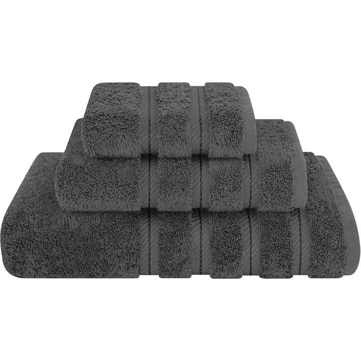 Комплект от 3 първокласни кърпи Daveza, 600 г/м², 1 кърпа за баня 70x140 см, 1 кърпа за лице 50x90 см, 1 кърпа за ръце 30x50 см, 100% турски памук, тъмносив комплект кърпи