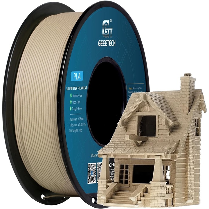 Rola filament 3D, Wood PLA, 1kg, lungime 330 m, 1.75mm, culoare lemn, Geeetech, compatibil cu majoritatea imprimantelor 3D tehnologie FDM, ideal pentru imprimantele BambuLab