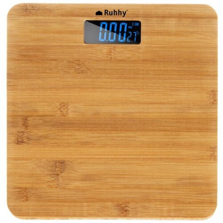 Cantar corporal electronic din bambus, 180 kg, LCD, 28x28x3 cm, Oprire Automata