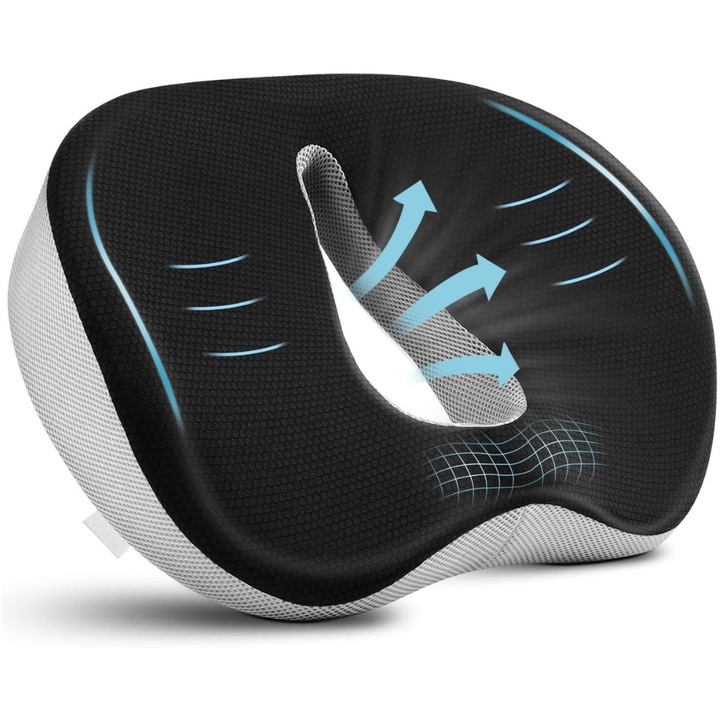 Perna Ortopedica Sezut Velixo®, din Spuma cu Memorie, pentru Scaun de Birou sau Masina, Respirabila, Antialunecare, Confort Coccis, Amelioreaza Durerile Lombare, Sold, Sciatica, Hemoroizi, Husa Detasabila, 46 x 36 x 11 cm, Gri/Alb