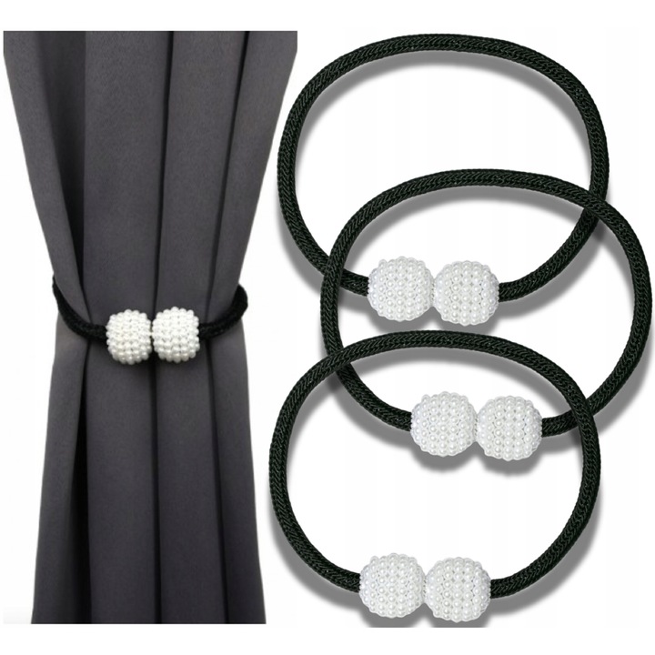 Clipsuri Pentru Prinderea Draperiilor, Lungime Totala: 46 Cm, Diametru Bila: 3 Cm, Inchidere: Magnet, Material: Plastic Pp + Tesatura Din Poliester + Magnet, 46 Cm X 3 Cm, Alb-Negru