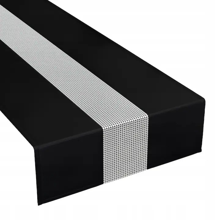 Fata De Masa, NowArt, 220x40 cm, 100% Poliester, Decorat Cu O Banda De Zirconii De 12 cm, Rezistent La Apa, Rezistent La Pete, Rezistent La Apa, Usor, De Inalta Calitate, Negru Mat