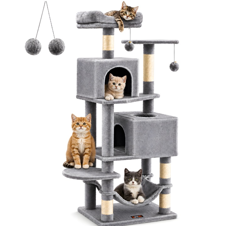 Ansamblu Joaca Pentru Pisici KD Home® FelineHaven Tower, 155 x 65 x 45 cm, Tip Loc de Joaca Turn, Diverse Compartimente Relaxare, Din Plus, Stalpi din Sfoara Naturala Sisal, Bila Suspendata, Hamac, Gri