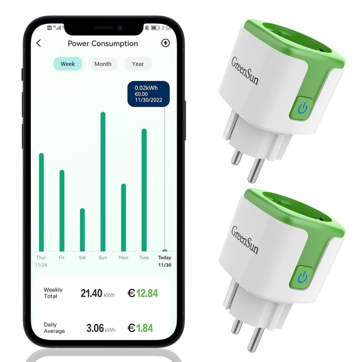 WLAN контакт с измерване на мощност - Greensun WLAN контакт Alexa контакт Vesync контакт таймер приложение за контакт измервател на разходите за енергия контакт гласово управление с Alexa гласово управление 2.4Ghz пакет от 2