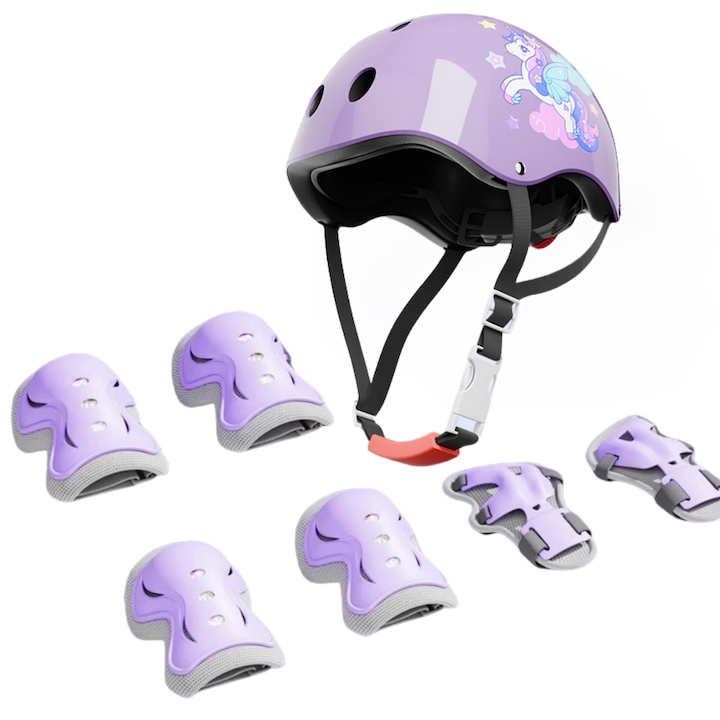 Комплект от 7 детски предпазни средства, с щампа на еднорог, за каска/наколенки/налакътници/предпазители за китки, регулируеми, обиколка на главата 48-56, 2-14 години, EPS/EVA, за колоездене, ролери, скейтборд, ролкови кънки