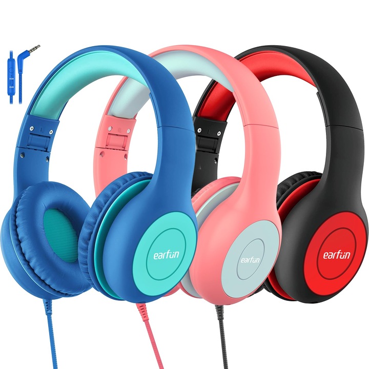 Casti Earfun Pentru Copii, Pachet De 3, Casti Cu Fir Pentru Copii, Limitator De Volum 85/94Db, Pliabile, Reglabile, Sunet Stereo, Microfon Hd, Partajare Audio, Casti Over-Ear Pentru Copii Pentru Scoala/Calatorii